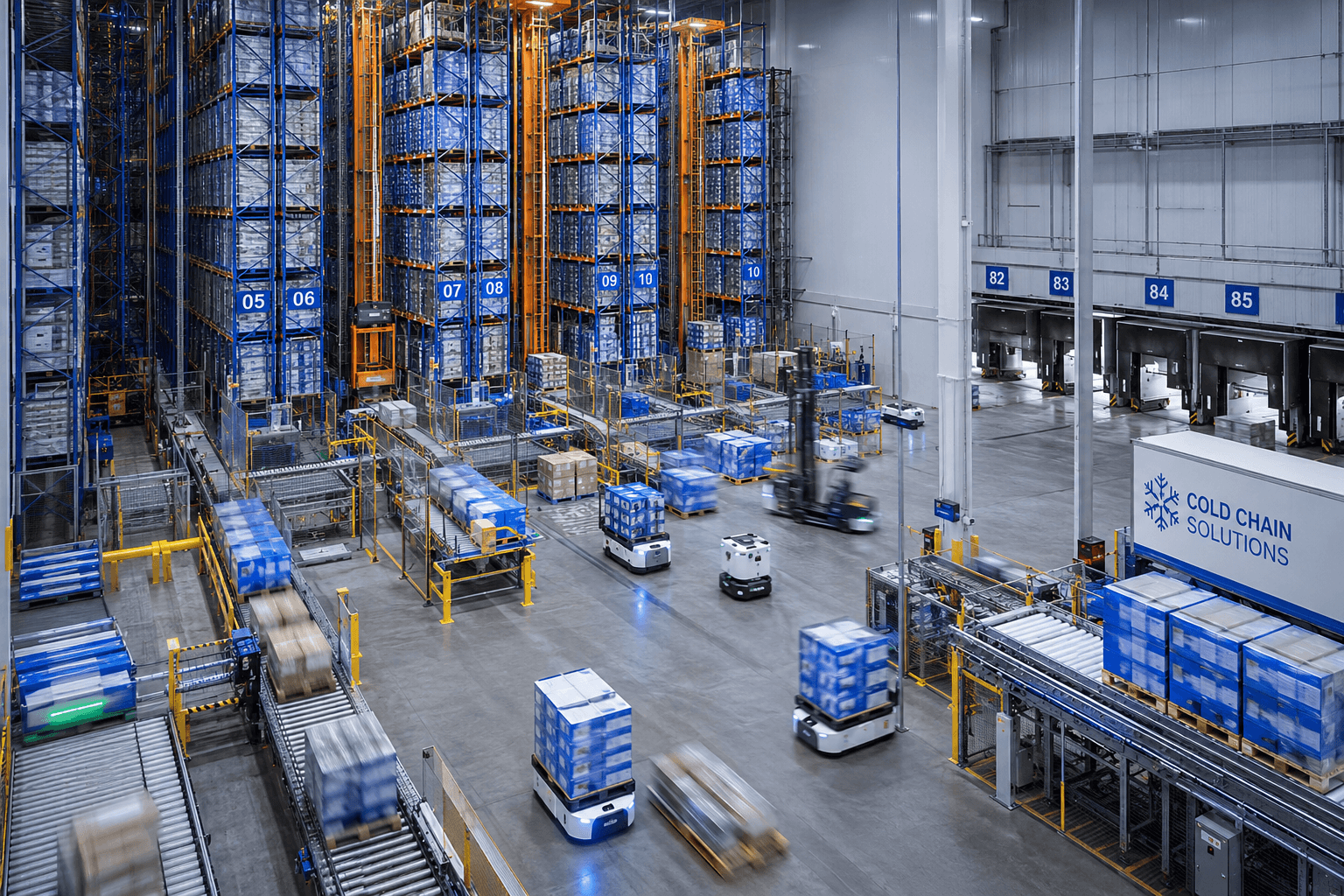
Advanced automation streamlines product movement throughout modern cold storage facilities. (AI-generated illustration)